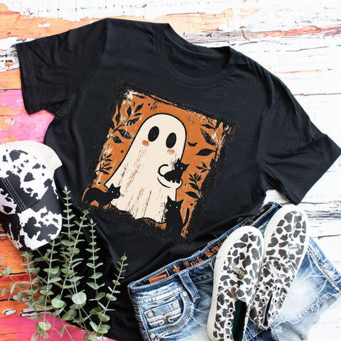 Spooky Ghost Tee, Halloween T-Shirt, Unisex Graphic Tee, Fall Fashion, Cat Lovers Shirt, Unique Gift Idea