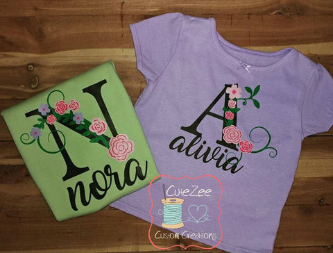 Floral Monogram, Flower Shirt, Flower Spring Shirt, Girls Shirt, Toddler Shirt, Baby Monogram, Onesie, Spring Shirt, Vinyl, Heat Transfer